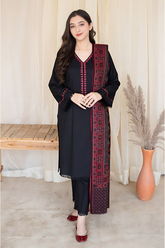 AISLING - 3PC DHANAK EMBROIDERED SHIRT WITH SLUB WOOL SHAWL AND TROUSER - HZG1386
